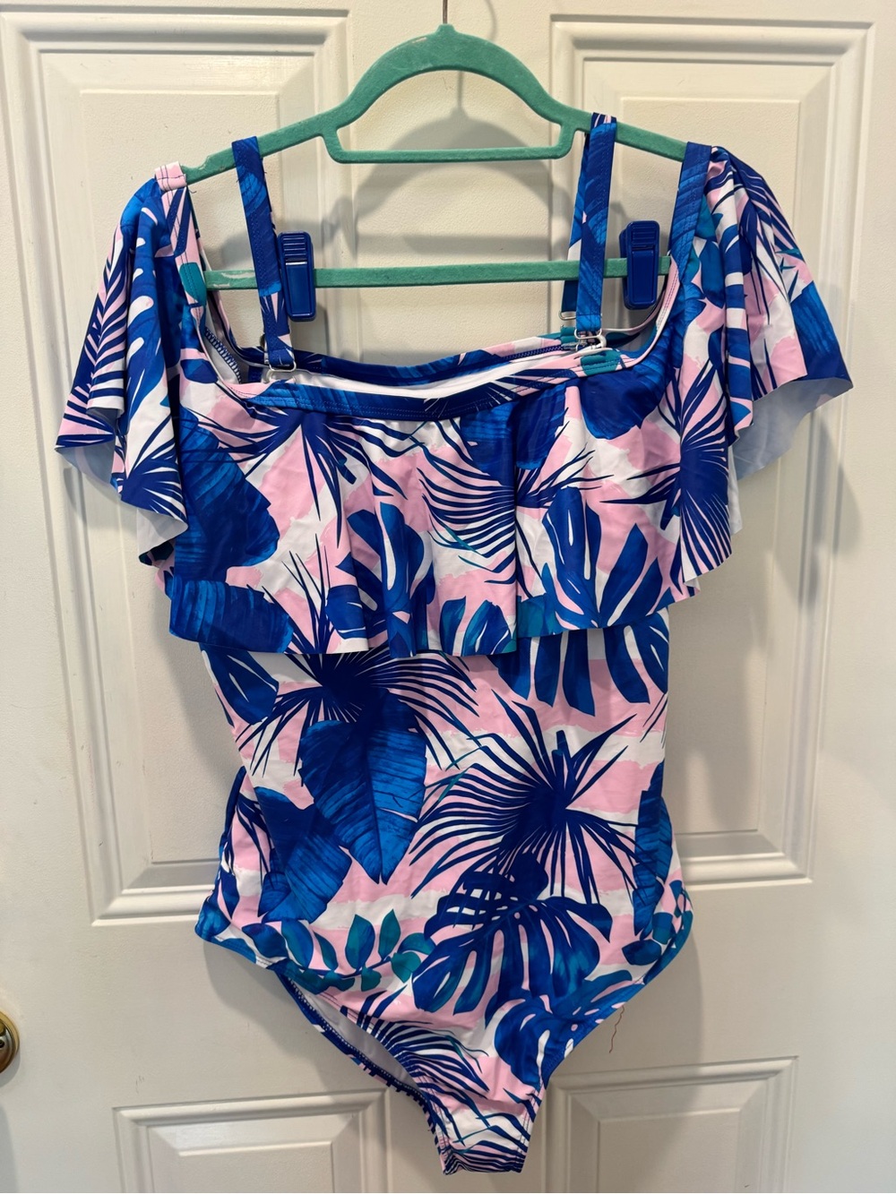 NWT Iffei Tropical Leaf Off-Shoulder One-Piece Swimsuit in Blue & Pink XL